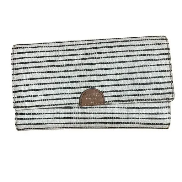 Fossil Sydney Flip Clutch Black Stripe Wallet Minimalist Preppy Leather - Picture 1 of 7
